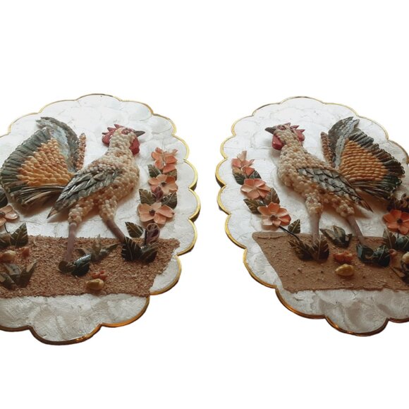 Capiz Other - Vintage Set Of 2 Capiz Seashell Roosters Flowers Wall Art Hangings. Philippines